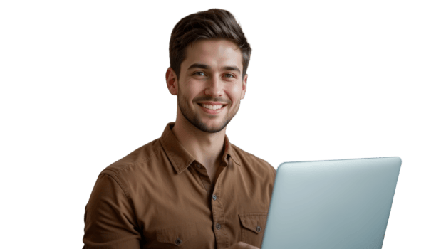 A young professional holds a laptop, representing modern work and technology, ideal for business and tech-related content. png