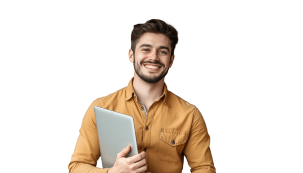 A young professional with a laptop gazes off-screen, reflecting concentration and a modern work environment. png