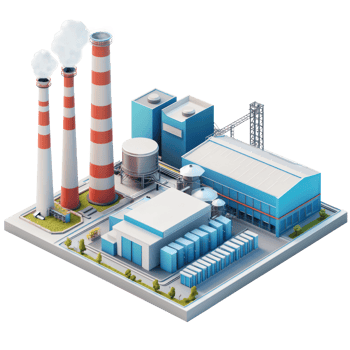 isometric factory with chimneys and smoke stacks png