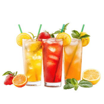 three different drinks with fruit and mint leaves png