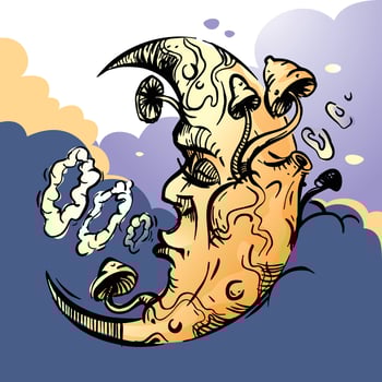 Vibe Moon is dozing and emitting smoke rings. The mushroom moon in the clouds vector
