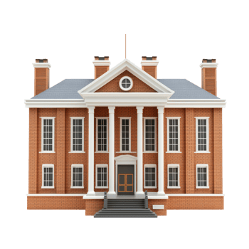 a red brick building with a white porch and columns png