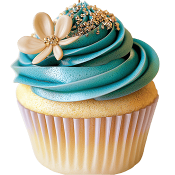 cupcake with golden cake and blue frosting topped with edible pearls looks sweet and png