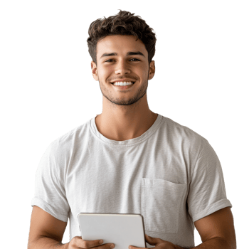 Cheerful young man in a white t-shirt holding a laptop and looking confident, isolated on transparent background png