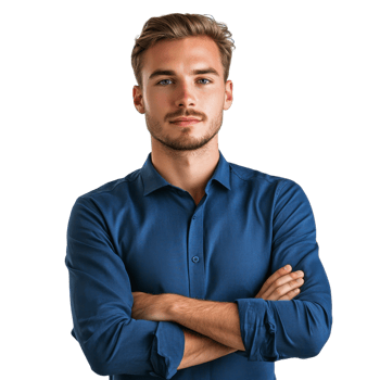 Confident man in a blue button-up shirt wearing glasses with arms folded, isolated on transparent background png