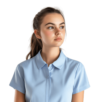 Professional young woman in a light blue shirt looking serious, isolated on transparent background png