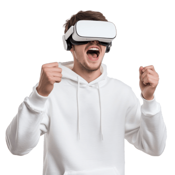 Excited young man in a white hoodie wearing VR glasses with raised fists, isolated on transparent background png