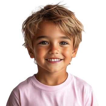Smiling young boy in a light pink t-shirt with a cheerful expression, isolated on transparent background png