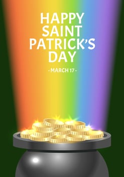 Happy Saint Patricks day march 17 with pot, golden money, rainbow. illustration on green background. Poster, flyer, banner concept vector