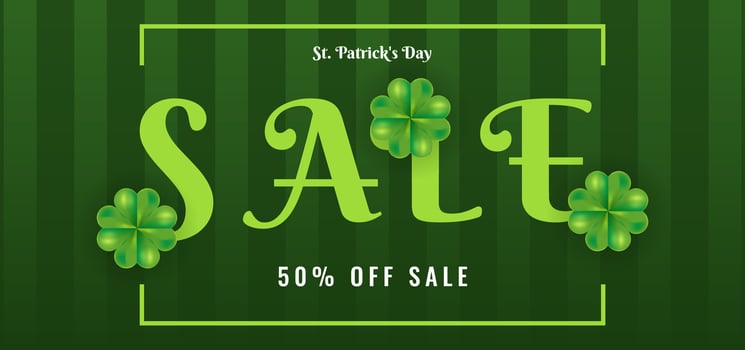 Great sale banner with green background with quatrefoils. Design of coupon, certificate, discount. Happy St. Patricks Day. illustration vector
