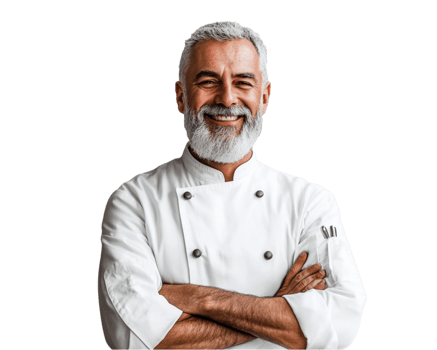 A smiling middle-aged European chef with a gray beard, wearing a white uniform, png