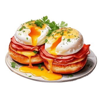 Delicious poached eggs on savory buns with ham and herbs. watercolor food clipart png