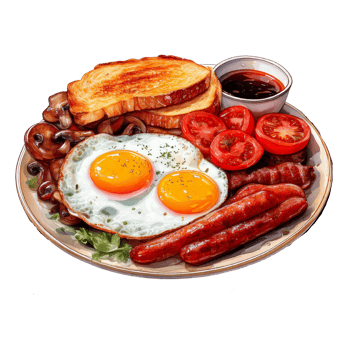 A delicious breakfast plate with eggs, sausages, and toast. watercolor food clipart png