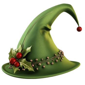 Green elf hat is adorned with red berries and a bell png