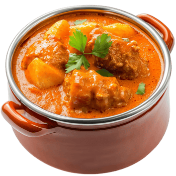 Spicy curry simmers in a red bowl garnished with herbs png