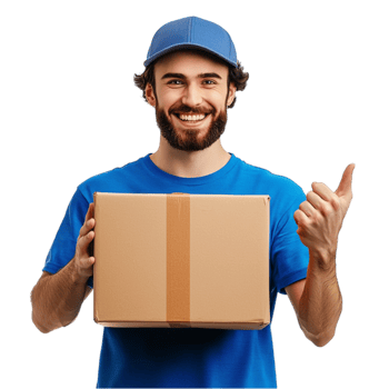 Delivery man smiles confidently holding a brown package png