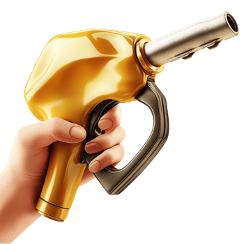 Hand gripping a golden fuel nozzle with a curved metal spout looks industrial and polished png