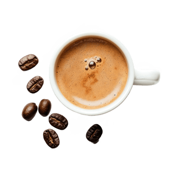 beans and cup of coffee on transparent background png