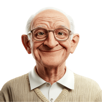 Elderly man with glasses a kind smile and a neatly buttoned shirt looks wise and friendly png