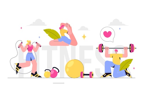 Wellness and Fitness Illustration with Gym Equipment, Training Sessions, and a Healthy Routine vector