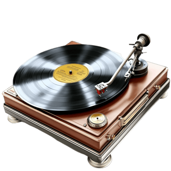 Wooden turntable with a spinning black vinyl record looks and musical png