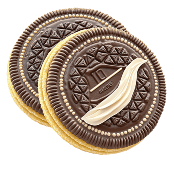 Chocolate sandwich cookies with a golden filling and embossed patterns look and png