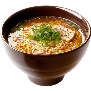 Steaming bowl of ramen with green onions and pork looks warm and png