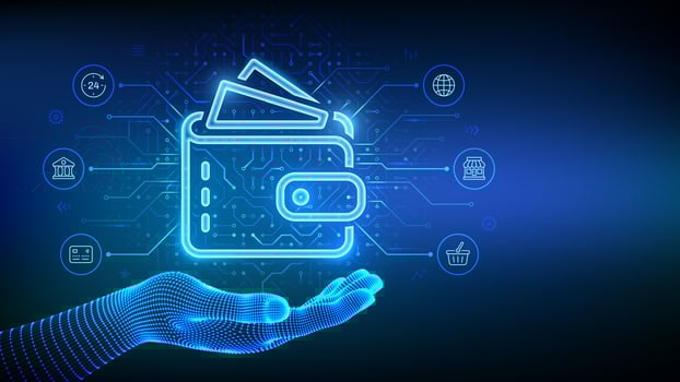 Digital wallet icon in wireframe hand. E-wallet. Online payment by digital wallet. Online banking service application. Mobile banking, money transaction, e-commerce. vector
