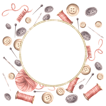 Sewing set frame. Buttons, pink yarn ball with knitting needles, thread spool and sewing pins circle golden framed. Hobby round label template. Watercolor painted illustration isolated from background png