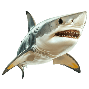 Fierce great white shark with sharp teeth looks powerful and intimiting png
