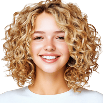 Cheerful curlyhaired woman looks happy and radiant png