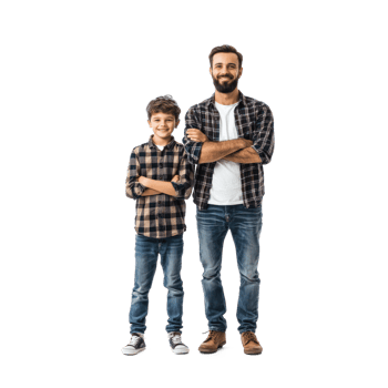 Father and son celebrating father day, standing isolate on transparent background png