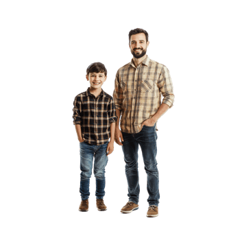 father and son standing together on a white background png