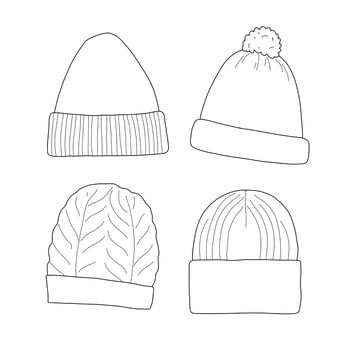 Set of four hats in a minimalist style. Various options for knitted hats with ribbed details, braids and pom-poms. Knitting, handmade, hobby. vector