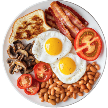 Full English breakfast is served with eggs bacon beans and toast png