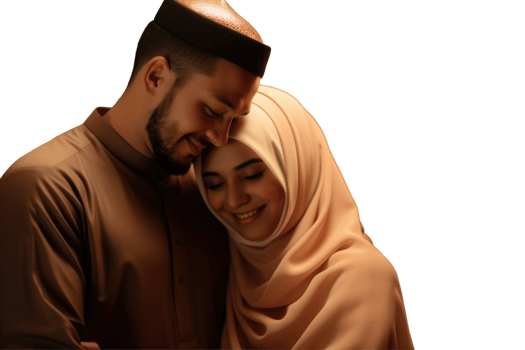 A muslim couple embracing in a brown outfit png
