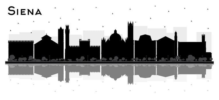 Siena Tuscany Italy City Skyline Silhouette with Black Buildings and reflections Isolated on White. Business Travel and Tourism Concept with Historic Architecture. Siena Cityscape with Landmarks. vector