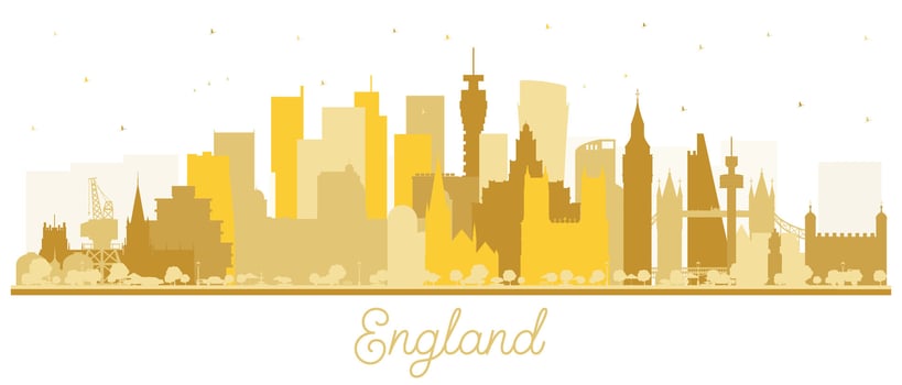 England City Skyline Silhouette with golden Buildings Isolated on White. Concept with Historic Architecture. England Cityscape with Landmarks. Bristol. Leeds. Sheffield. London. vector