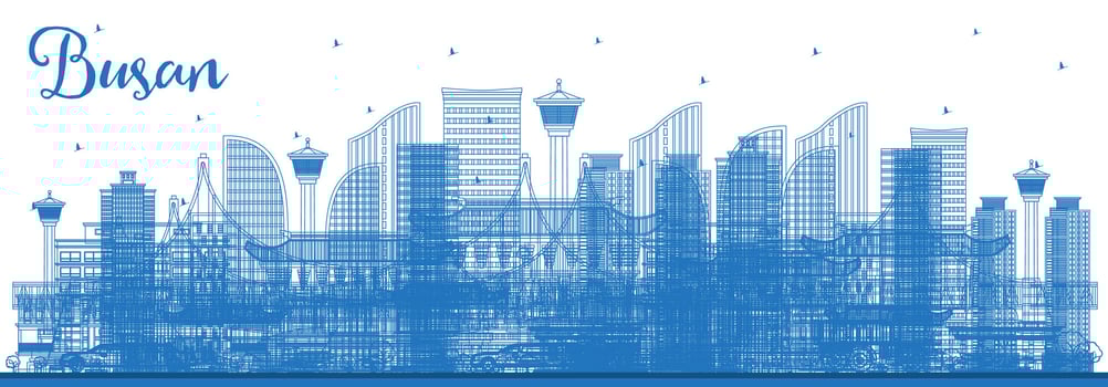 Outline Busan South Korea City Skyline with Blue Buildings. Business Travel and Tourism Concept with Historic and Modern Architecture. Busan Cityscape with Landmarks. vector