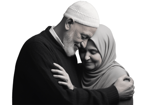 An older man and woman embrace each other in a black and white photo png