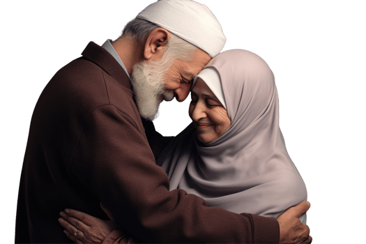 An elderly couple embracing in a black background png