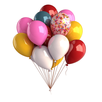 Colorful helium balloons float together with various shapes and patterns png