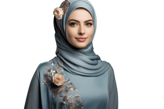 Beautiful muslim woman in blue dress with flower on her head png