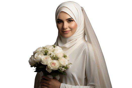 Beautiful muslim bride holding white flowers png