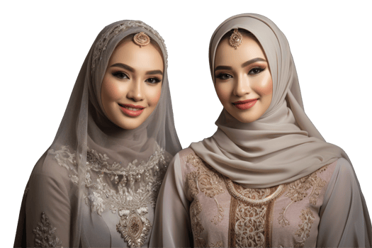 Smiling Asian Muslim Sister in Elegant Ethnic Outfit and Headpieces for Eid Mubarak Photo on Background. png