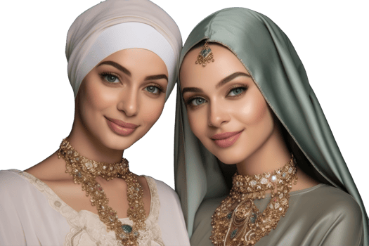 Smiling Asian Muslim Sister in Elegant Ethnic Outfit and Jewelry for Eid Mubarak Photo on Background. png
