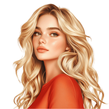 Beautiful blonde woman gazes confidently with flowing wavy hair png