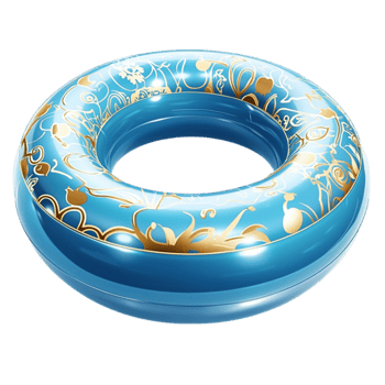 Inflatable blue swim ring floats with golden floral patterns decorating the surface png