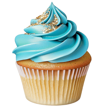 cupcake has golden cake topped with swirled blue frosting and sprinkles png