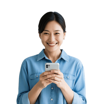 Asian Woman Smiling And Using Smartphone Isolated On Transparent Background png